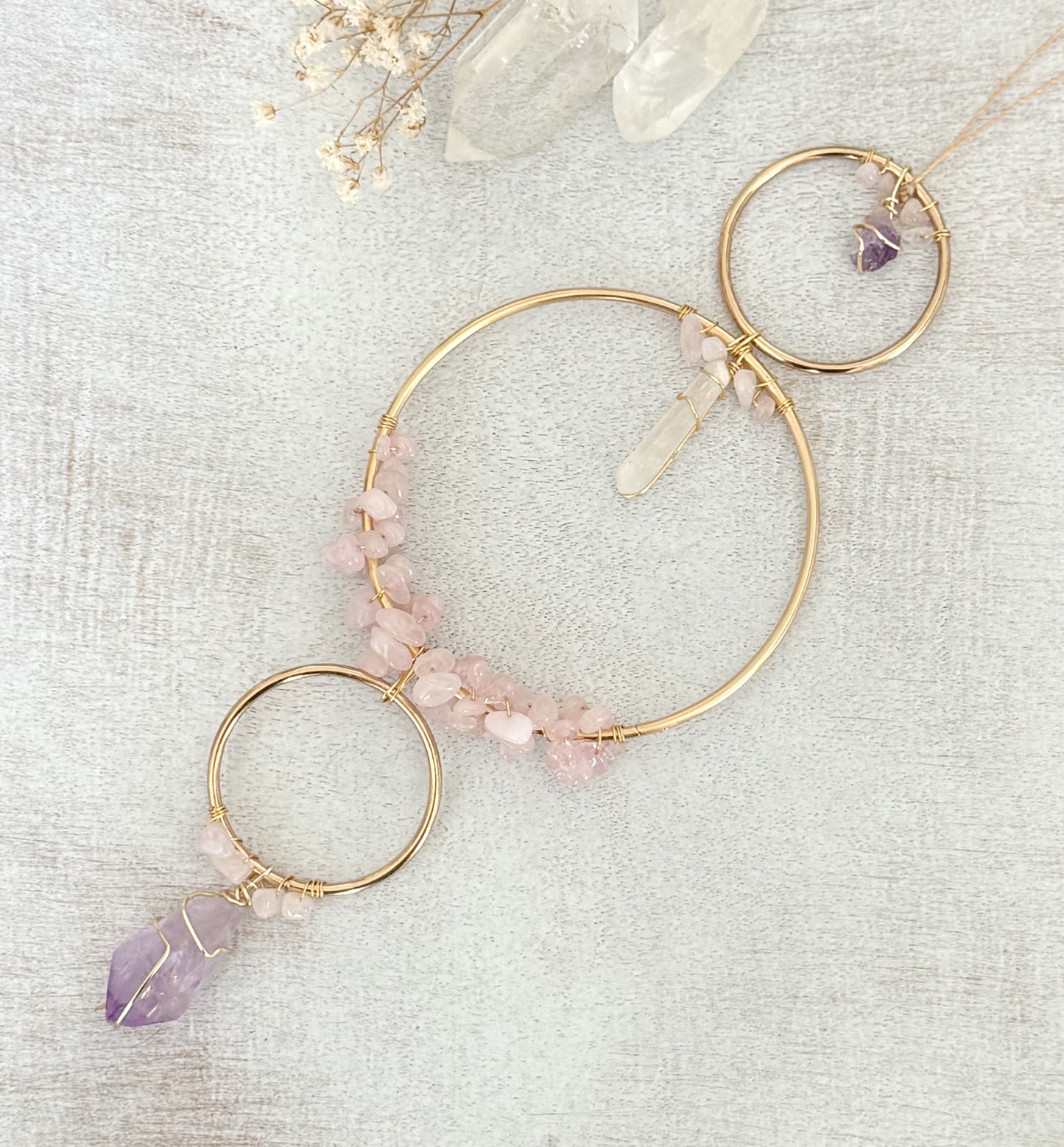 Rose Quartz and Amethyst Dream catcher, Sun Catcher, Baby mobile