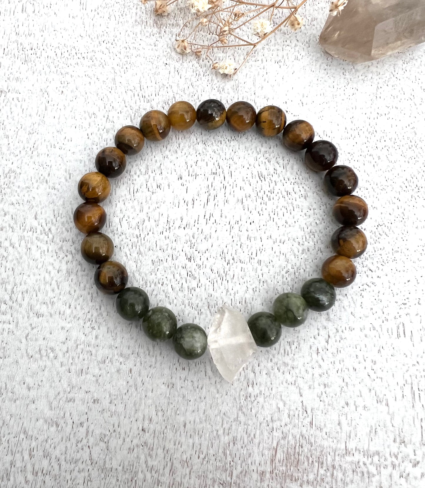 Tiger Eye Green Jade Quartz Healing Protection Bracelet